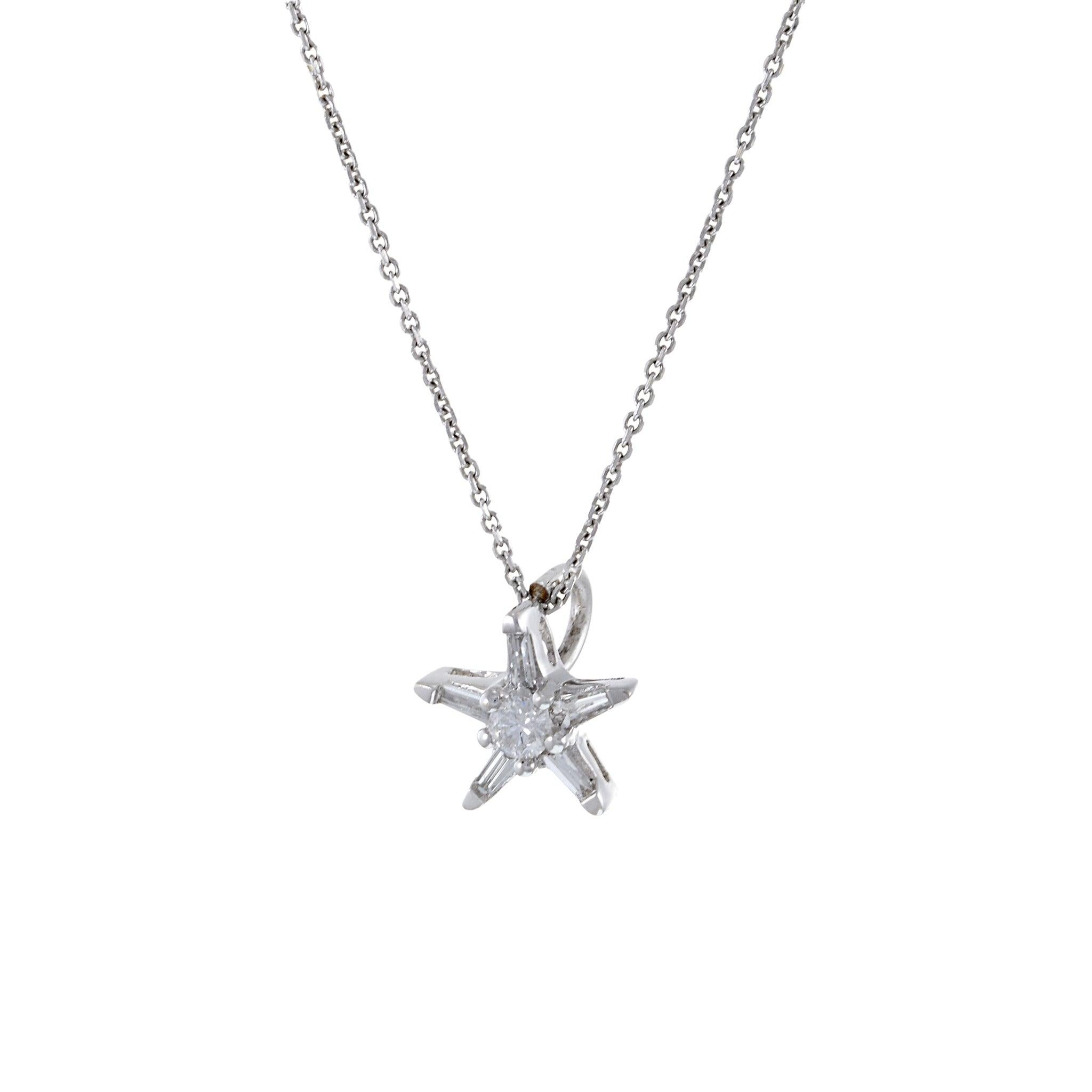 Rétro Ciondolo con diamante a forma di stella in oro bianco 14KT e catenina in vendita
