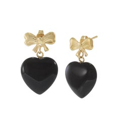 Estate 14KT Yellow Gold Bow Earrings with Dangling Black Onyx Hearts