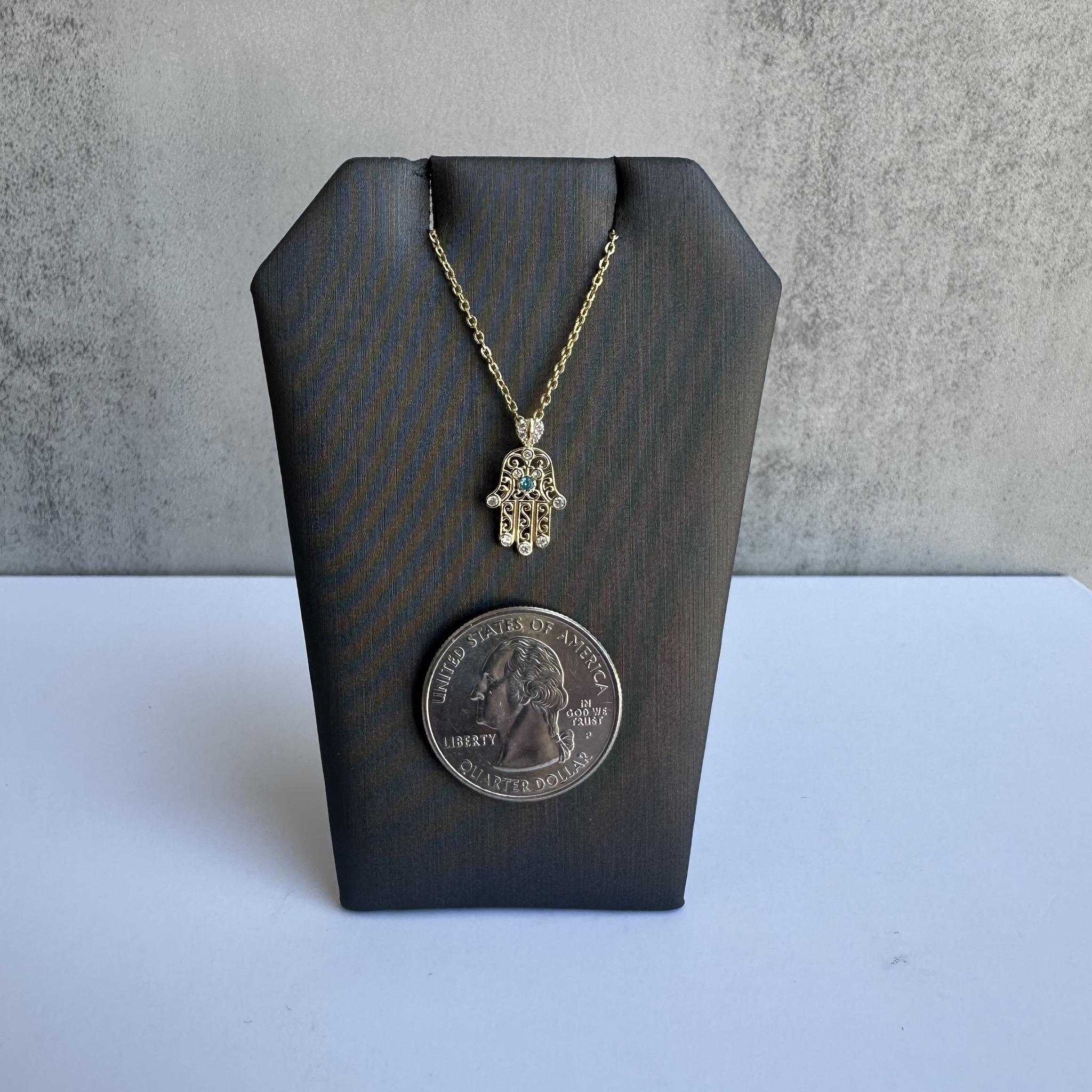 Estate 14kt Yellow Gold Diamond and Blue Zircon Hamsa Necklace - 0.06ctw Diamond In Excellent Condition In West Hempstead, NY