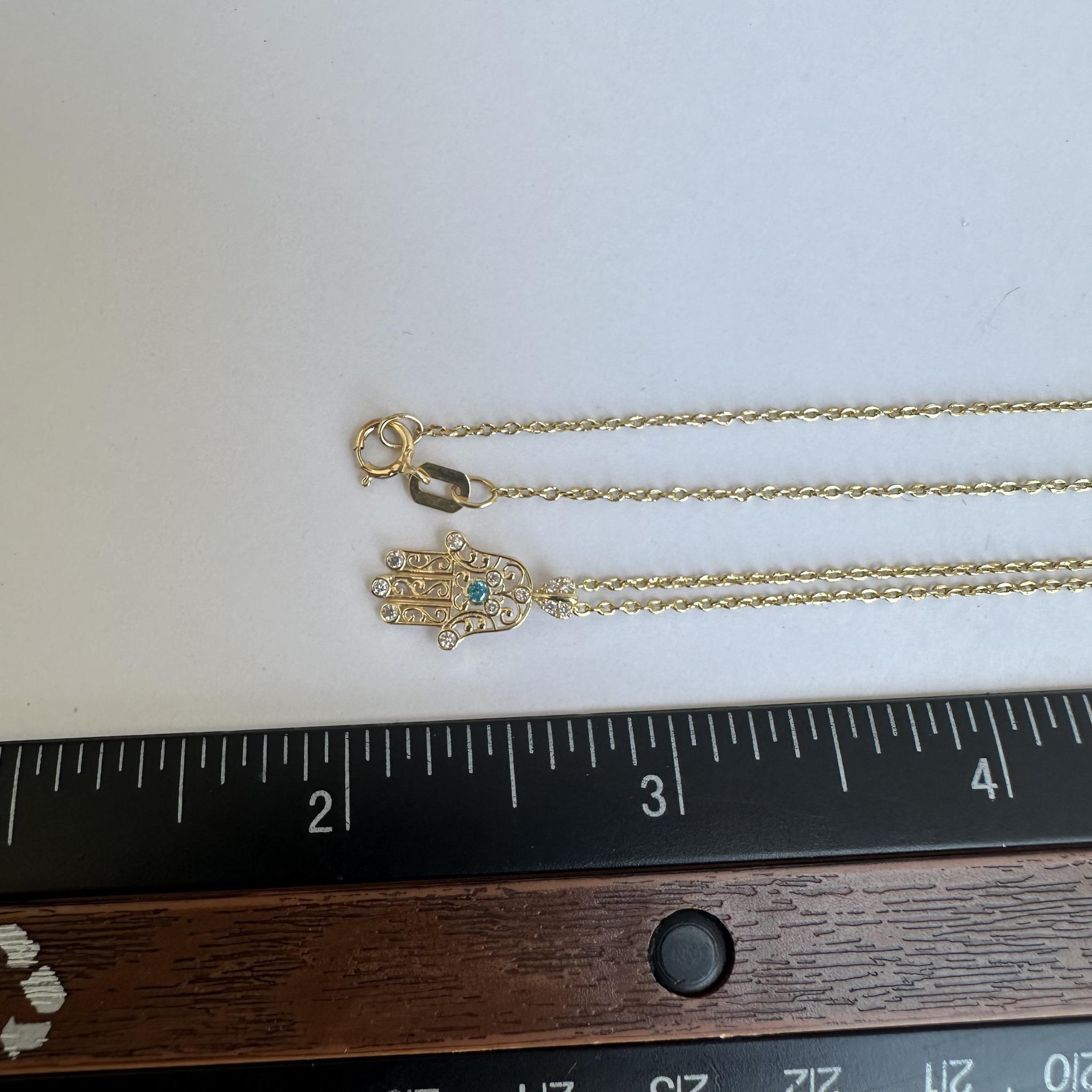 Women's Estate 14kt Yellow Gold Diamond and Blue Zircon Hamsa Necklace - 0.06ctw Diamond