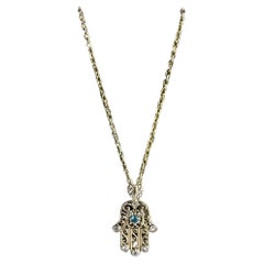 Estate 14kt Yellow Gold Diamond and Blue Zircon Hamsa Necklace - 0.06ctw Diamond