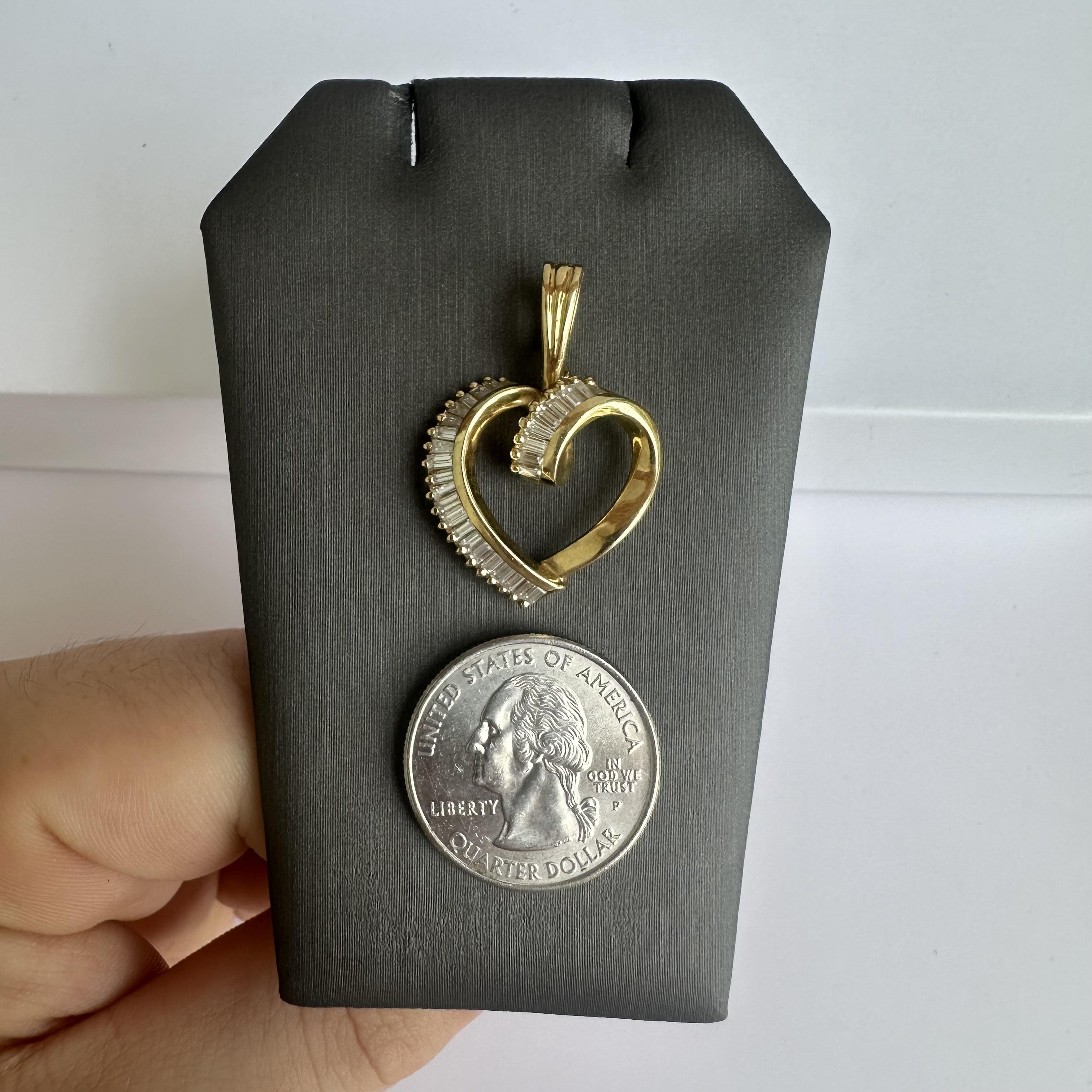 Baguette Cut Estate 14kt Yellow Gold Diamond Heart Pendant - 1.45ctw HI SI Baguette Diamonds