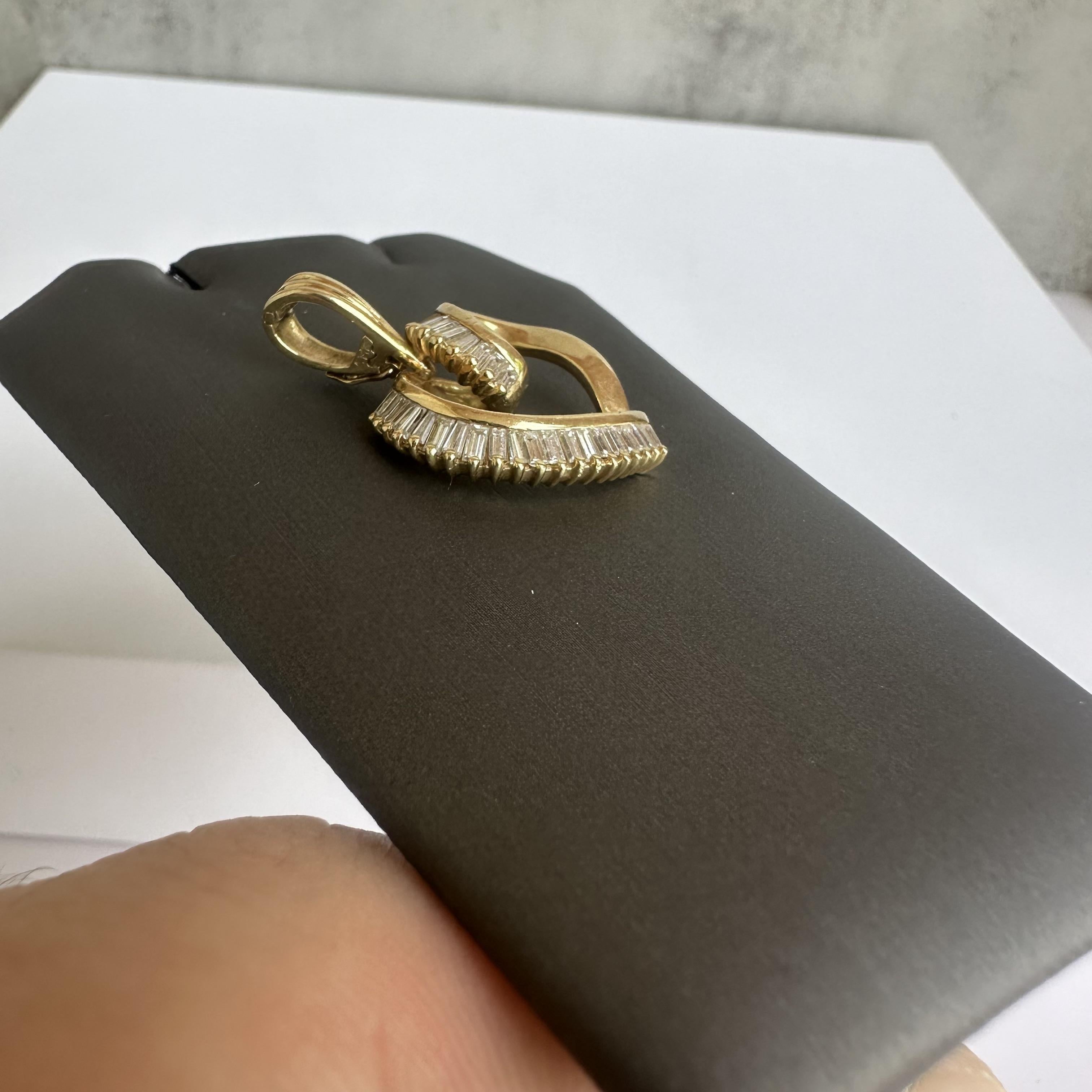 Estate 14kt Yellow Gold Diamond Heart Pendant - 1.45ctw HI SI Baguette Diamonds In Excellent Condition In West Hempstead, NY