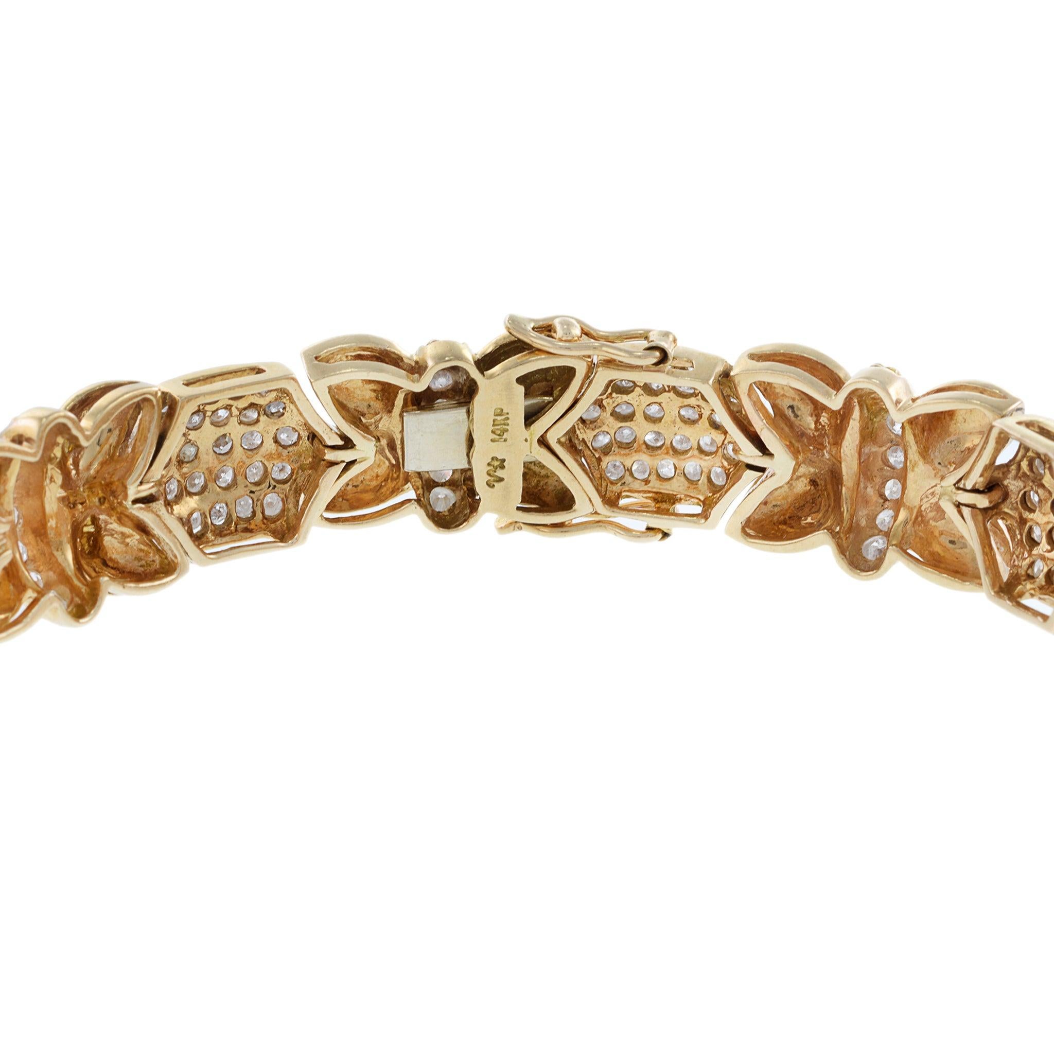 Women's or Men's Estate 14KT Yellow Gold Petals and Diamond Bracelet For Sale
