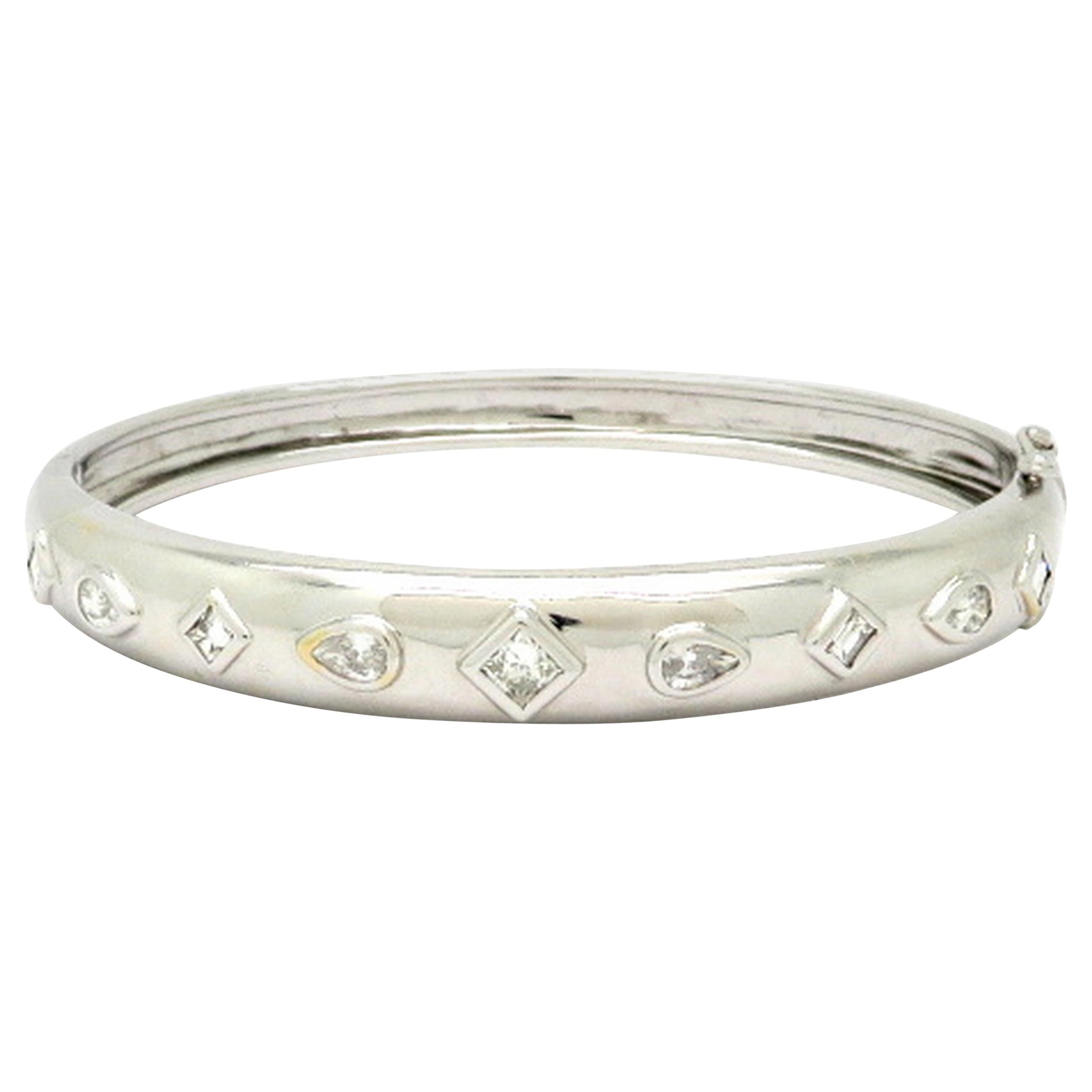 Estate 1.50 Carat Multi Shape 18 Karat White Gold Diamond Bangle Bracelet For Sale