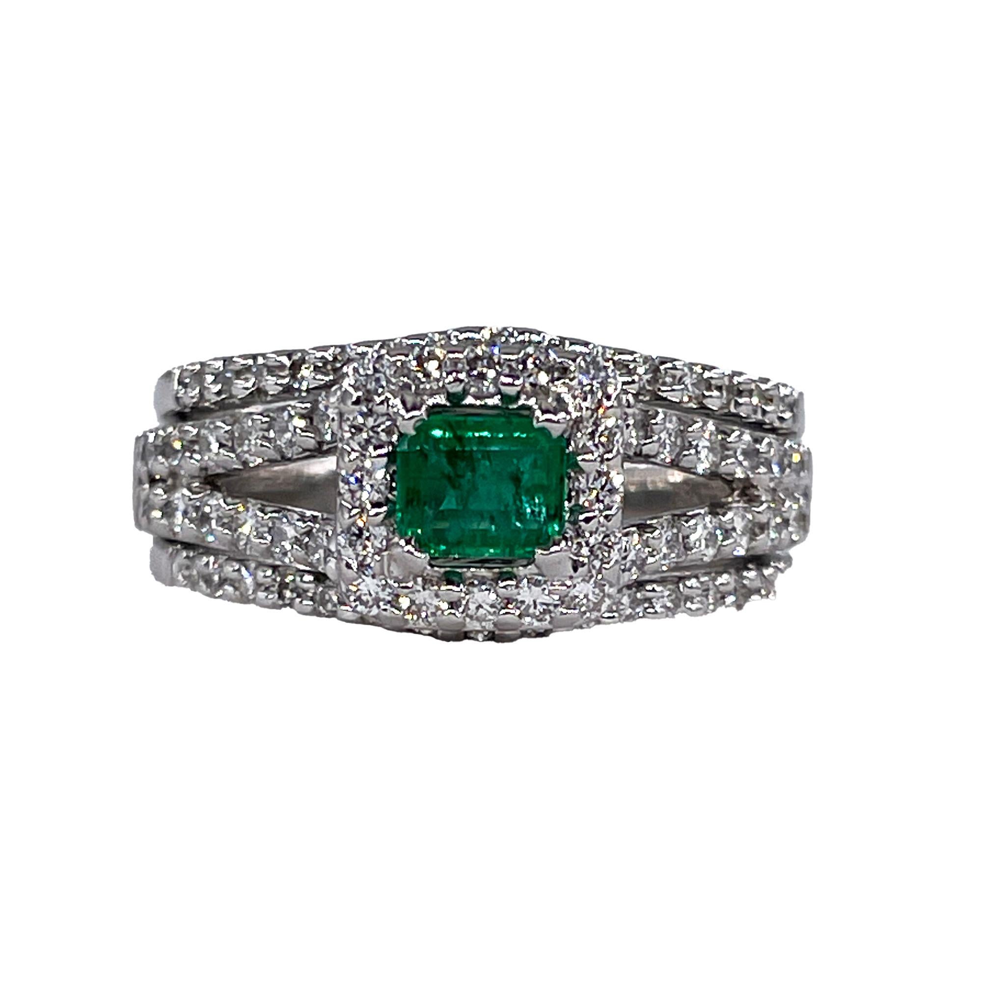 Emerald Cut Estate 1.70ct Natural Green Emerald & Diamond Triple Band Gold Ring by Heizberg For Sale