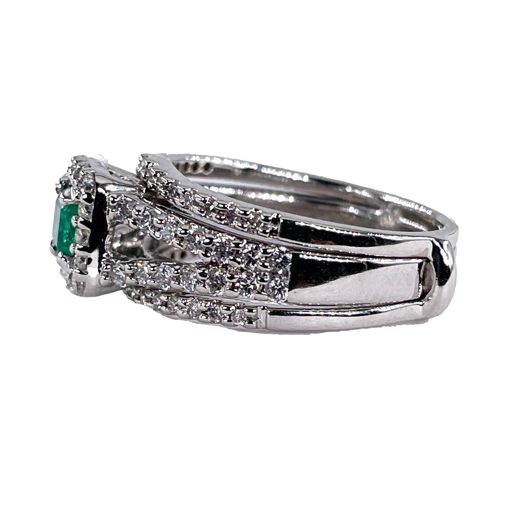 Estate 1.70ct Natural Green Emerald & Diamond Triple Band Gold Ring by Heizberg In Good Condition For Sale In New York, NY