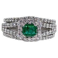 Retro Estate 1.70ct Natural Green Emerald & Diamond Triple Band Gold Ring by Heizberg