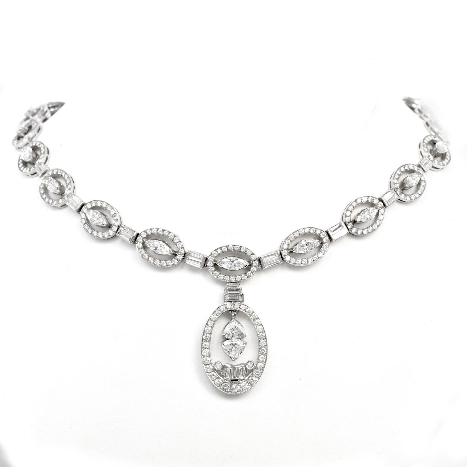 Modern Estate 17.25 Diamond 18K White Gold Oval Drop Pendant Link Necklace For Sale
