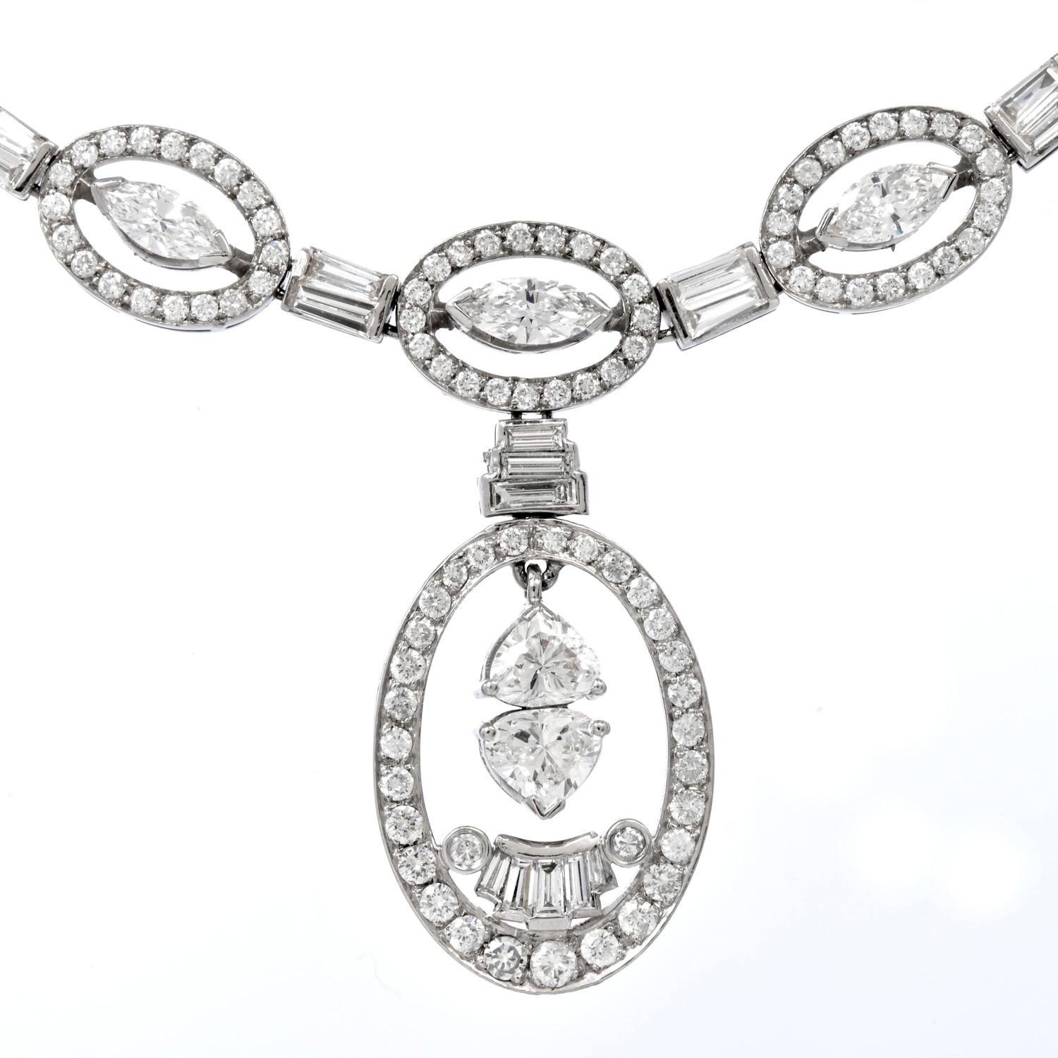 Marquise Cut Estate 17.25 Diamond 18K White Gold Oval Drop Pendant Link Necklace For Sale