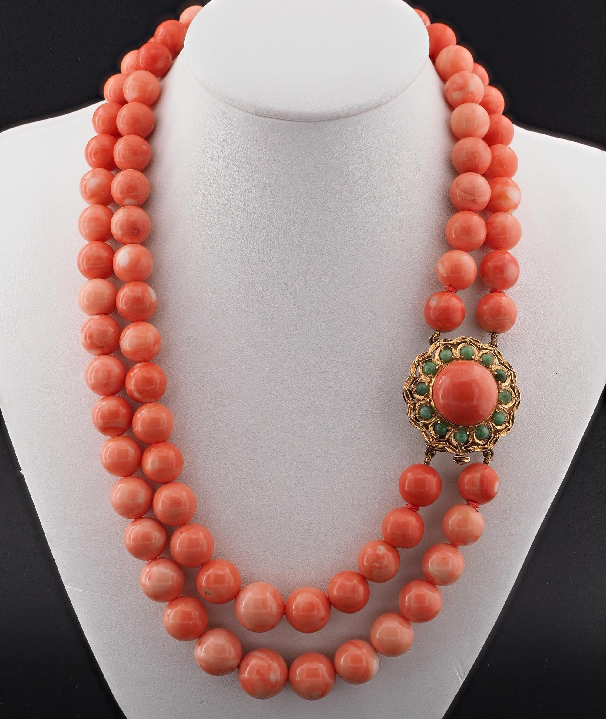 Rare Coral Beauty
This outstanding massive Coral necklace would fit a queen! Beautiful quality mid-century age, full of charm, natural untreated, no dye, no wax filling, 1960 ca, Italian origin
Weighs 173 grams!
The necklace is composed by two