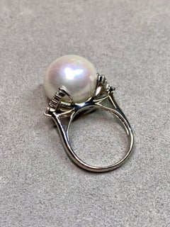 Estate 17.30mm South Sea Pearl Marquise Round Diamond Platinum Cocktail Ring