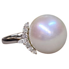 Estate 17.30mm South Sea Pearl Marquise Round Diamond Platinum Cocktail Ring
