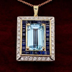 Vintage 18K Gold Aquamarine Pendant with Sapphires & Diamonds, 1960