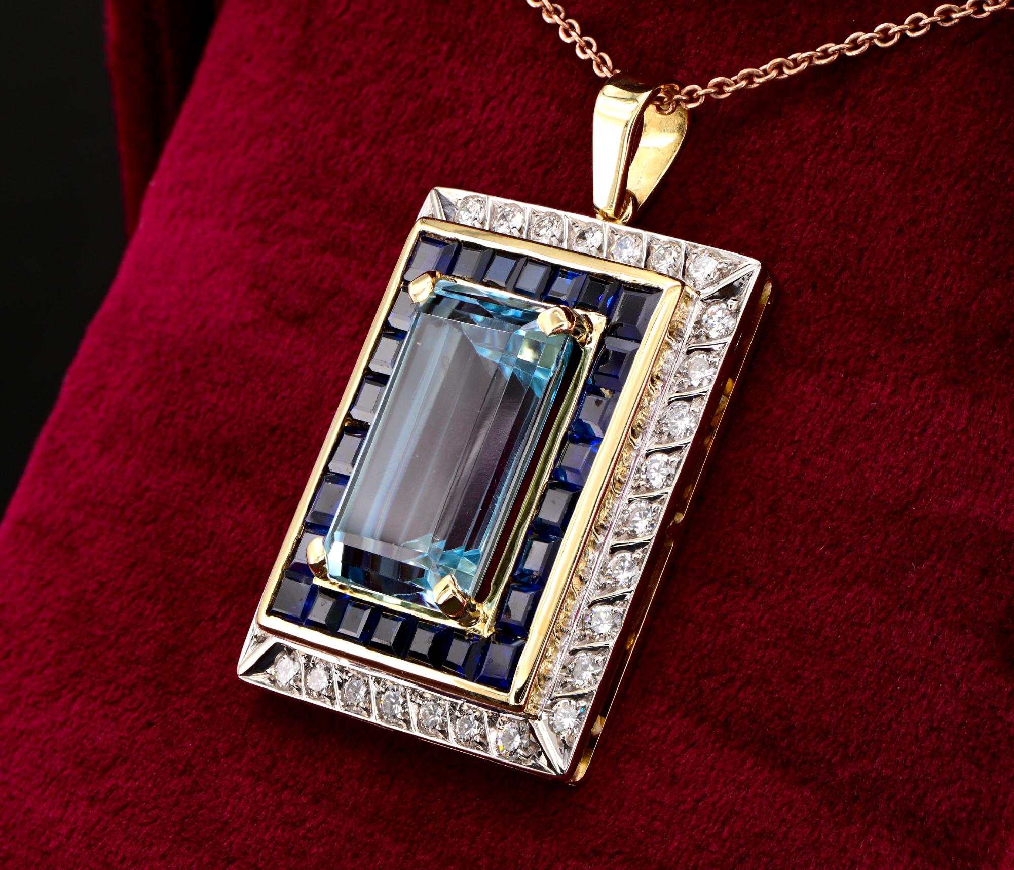 Women's or Men's Estate 17.50 Ct. Aquamarine Natural Sapphire Diamond Pendant For Sale