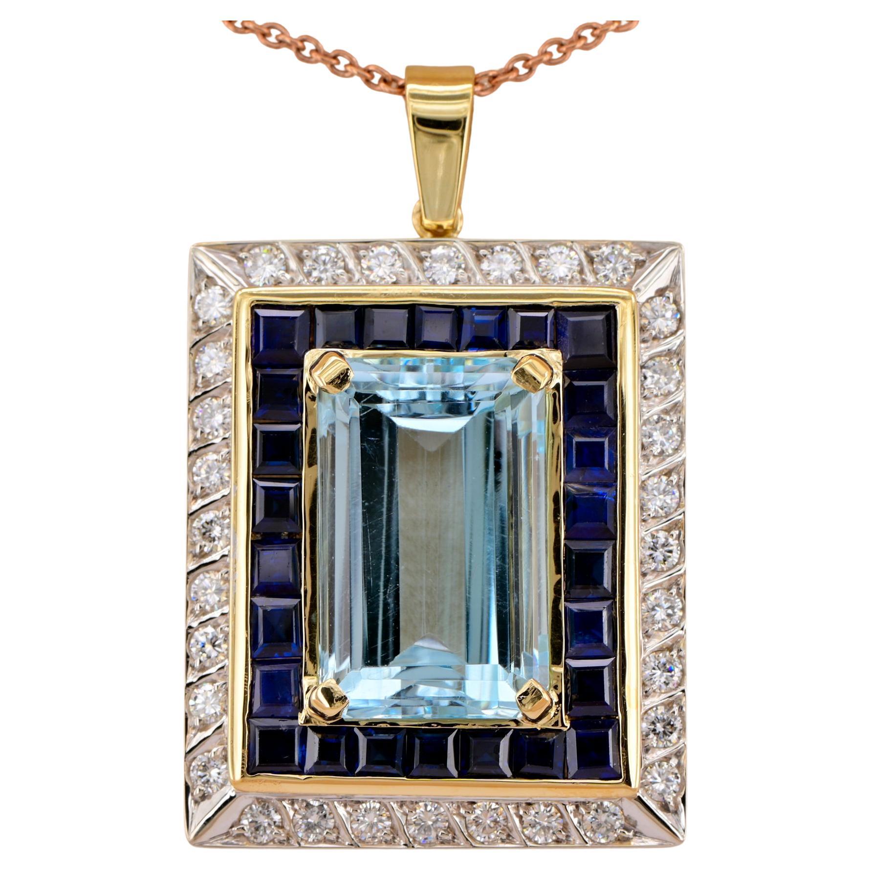 Estate 17.50 Ct. Aquamarine Natural Sapphire Diamond Pendant For Sale