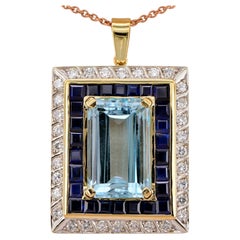 Retro Estate 17.50 Ct. Aquamarine Natural Sapphire Diamond Pendant