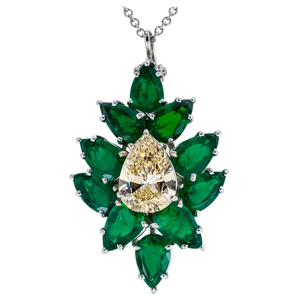 Estate 1.79 Carat Pear Shaped Diamond Emerald Platinum Enhancer Pendant