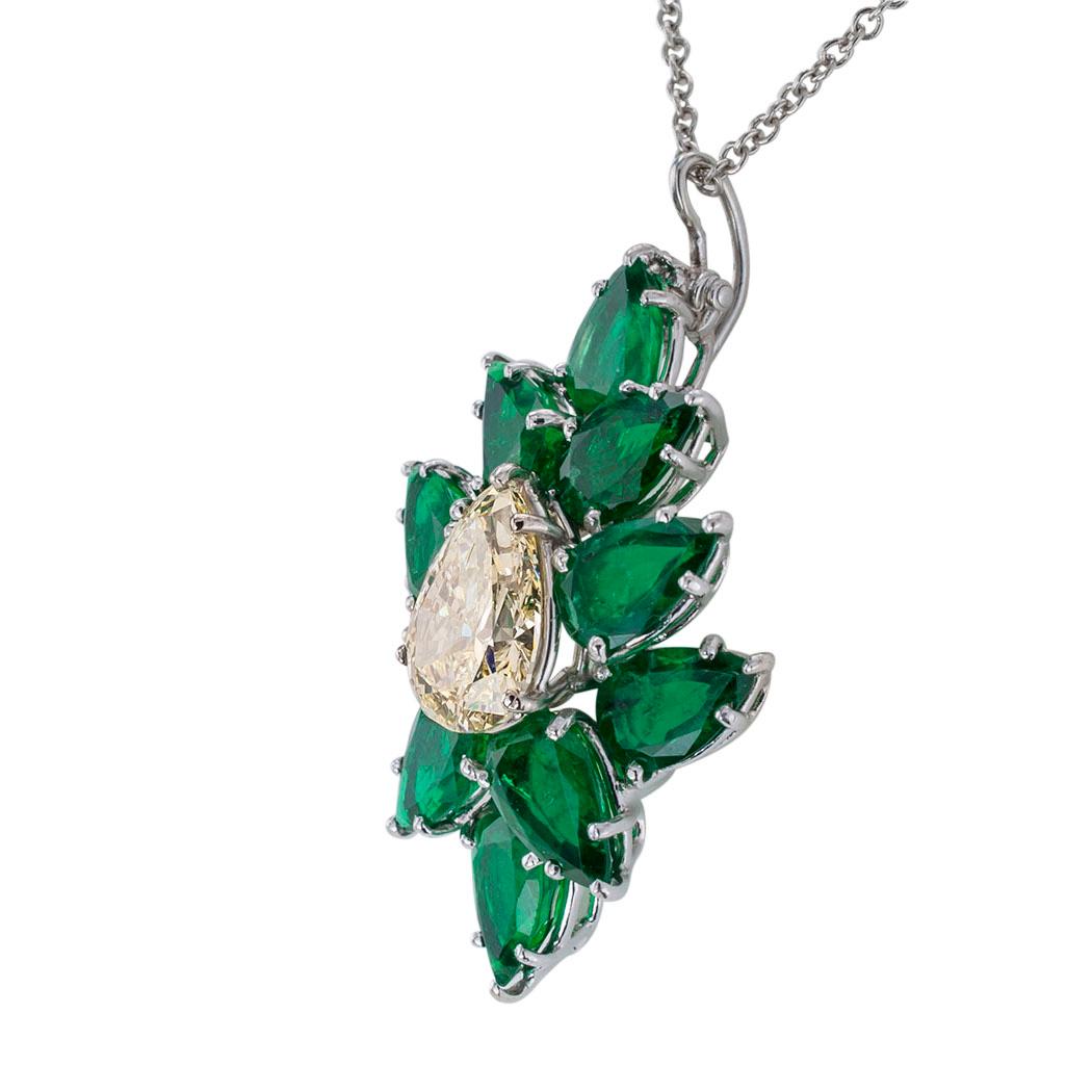 Modern Estate 1.79 Carat Pear Shaped Diamond Emerald Platinum Enhancer Pendant