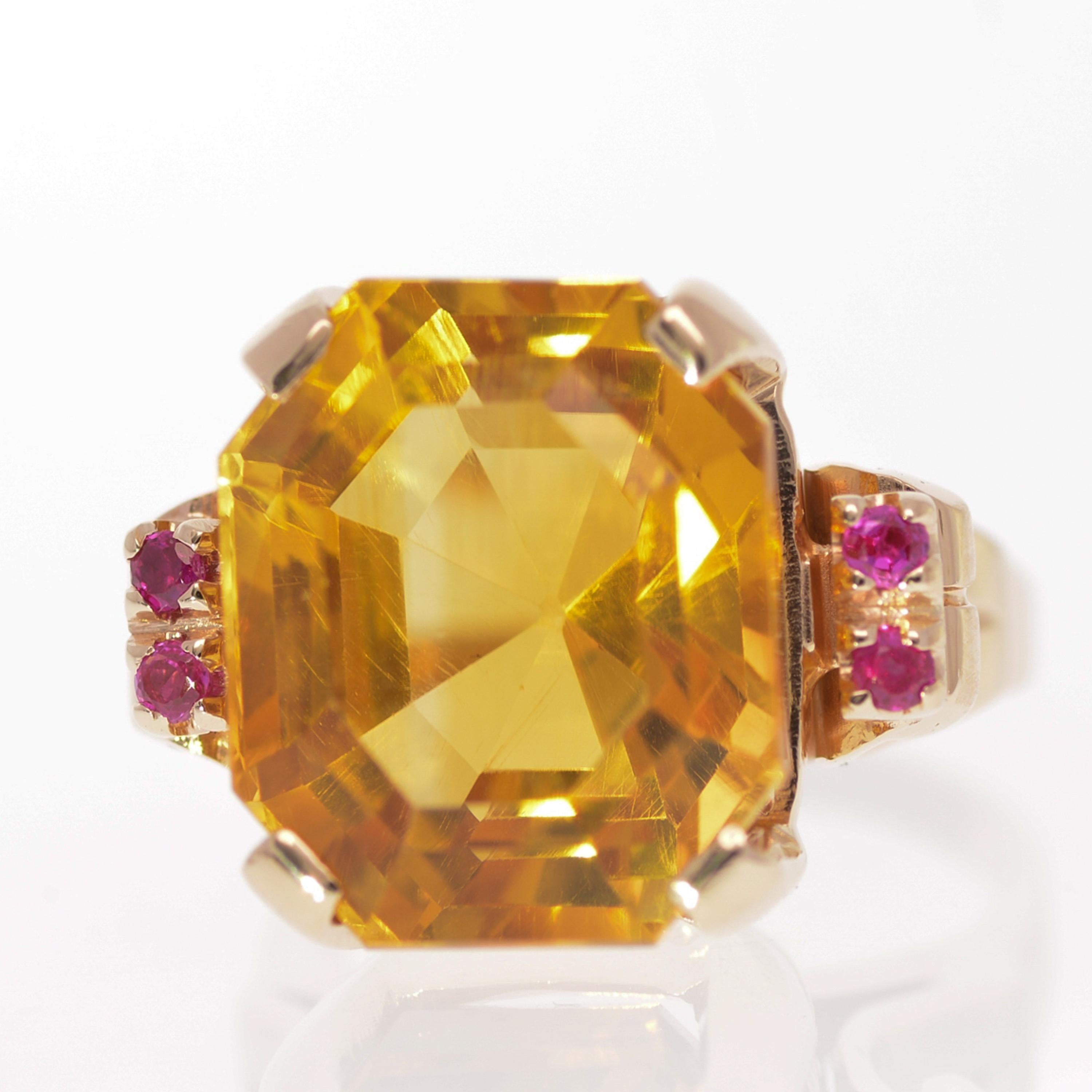 Estate 18 carat Citrine & Ruby 14K Yellow Gold Ring

Main Stone:
Citrine 18 carat
Square cut
Secondary Stone:
Ruby
Metal:
Yellow Gold
Purity:
14K
Total Gram Weight:
14.40
Size:
7 Up to 10 & Down to 6

JESSUP’S PRICE: $800.00!

#162137-6
Big Bold &