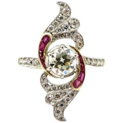 Estate 18 K Yellow Gold & Platinum Art Deco Style Ruby and Old European Cut Ring