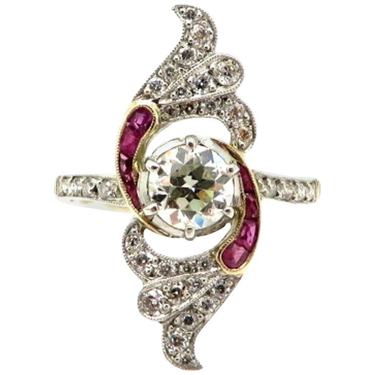 Estate 18 K Yellow Gold and Platinum Art Deco Style Ruby and Old ...