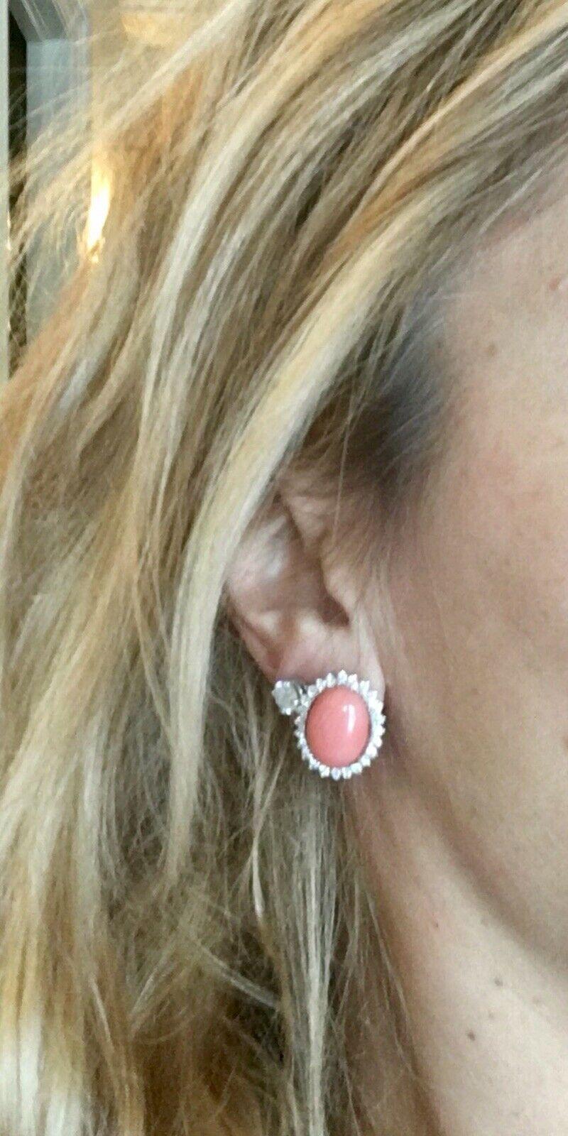 Estate 18 Karat Angel Skin Coral 1.10 Carat VS Diamond Stud Drop Earrings 4