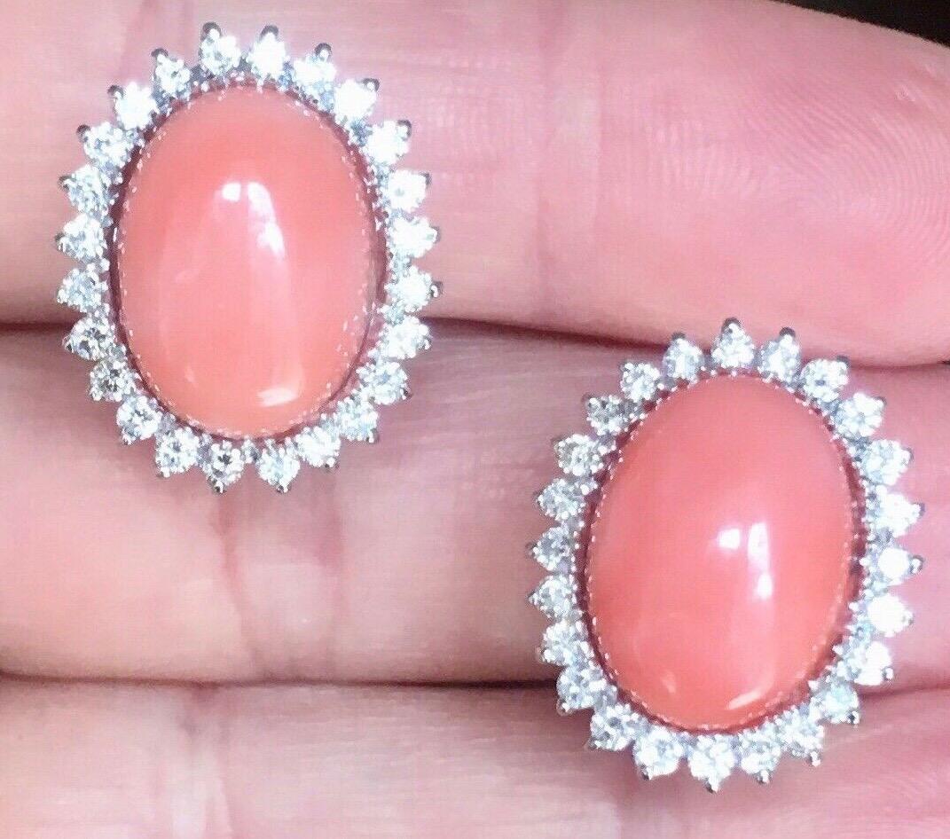 Estate 18 Karat Angel Skin Coral 1.10 Carat VS Diamond Stud Drop Earrings 6