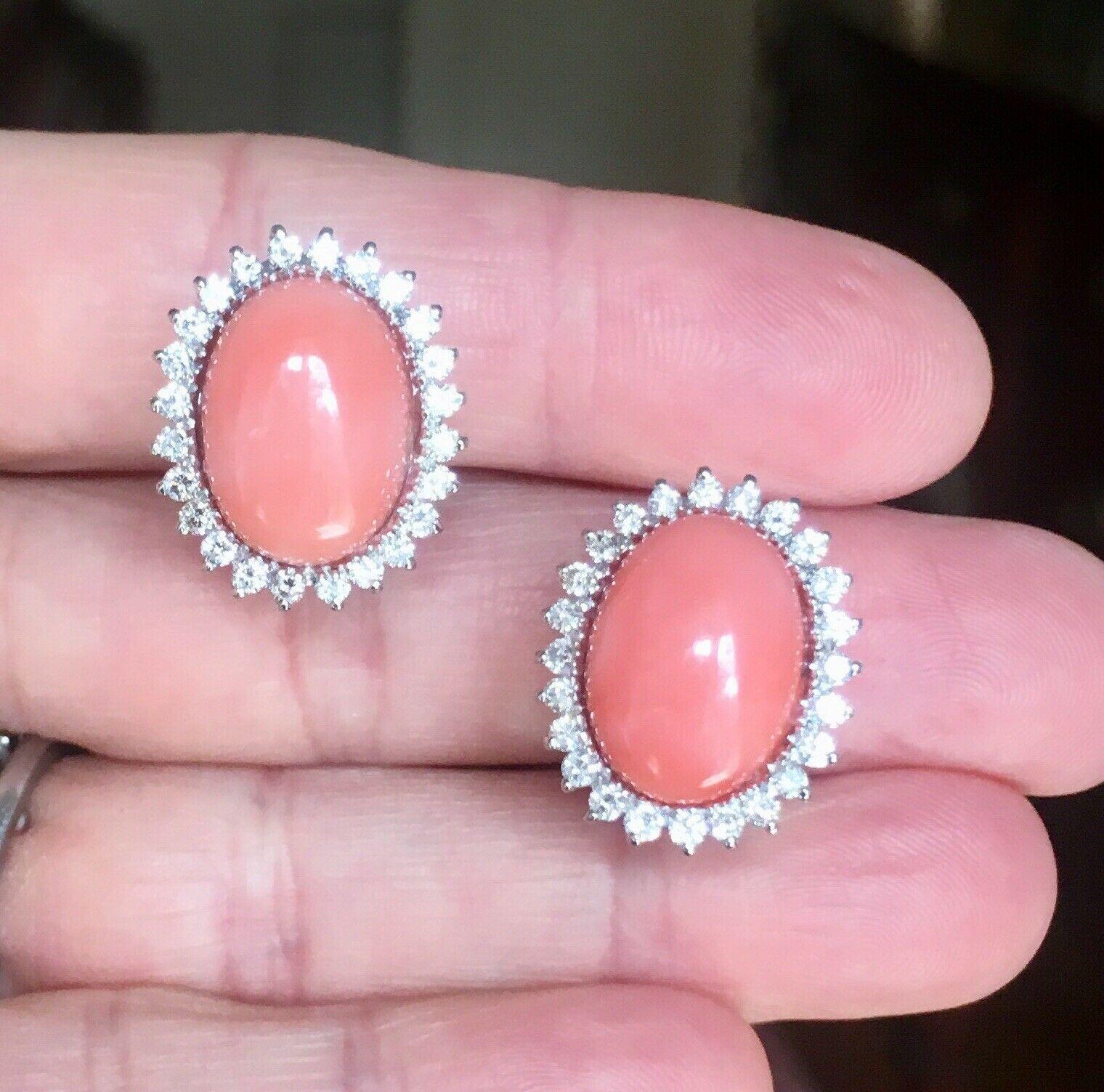 Contemporary Estate 18 Karat Angel Skin Coral 1.10 Carat VS Diamond Stud Drop Earrings