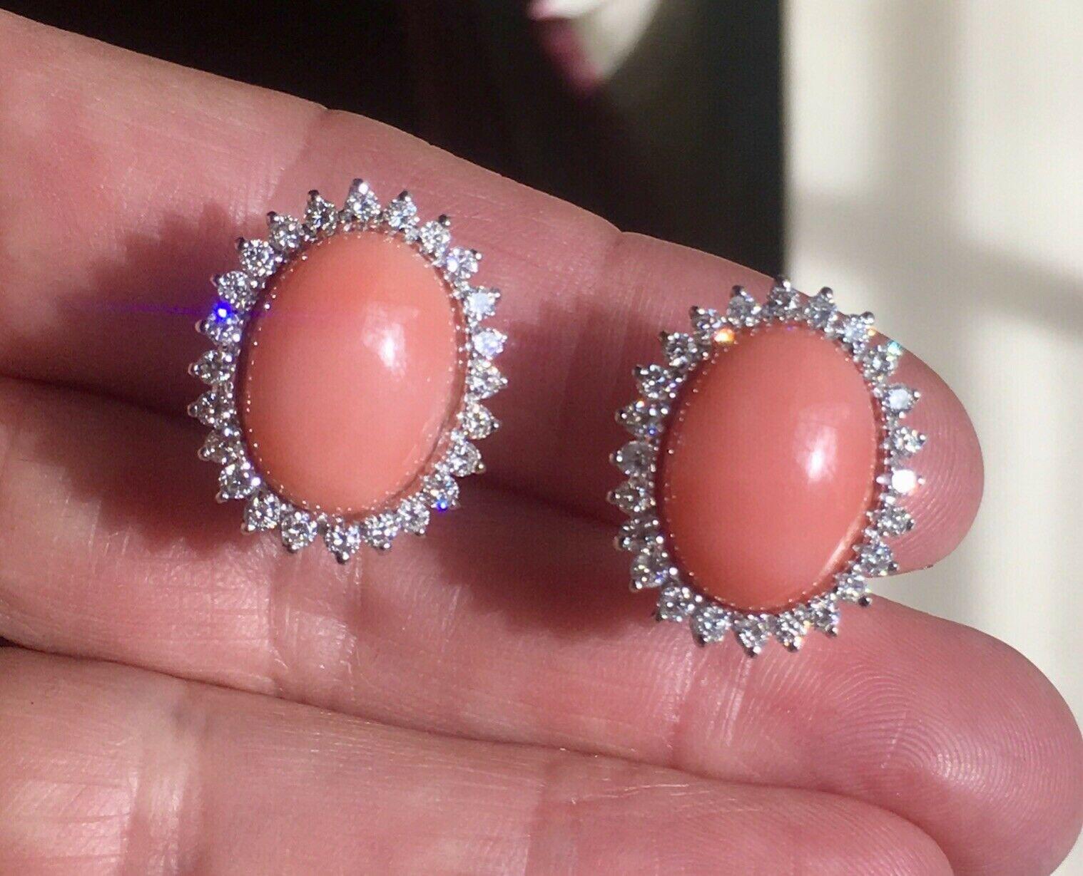 Estate 18 Karat Angel Skin Coral 1.10 Carat VS Diamond Stud Drop Earrings In Excellent Condition In Shaker Heights, OH