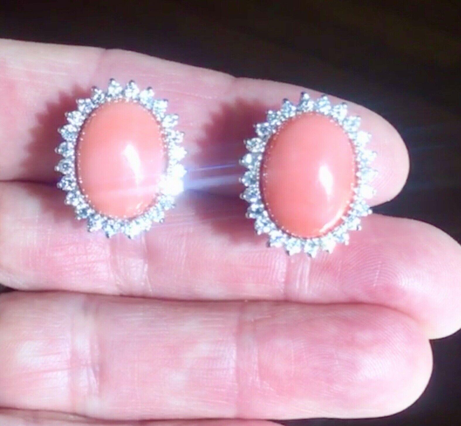 Women's Estate 18 Karat Angel Skin Coral 1.10 Carat VS Diamond Stud Drop Earrings