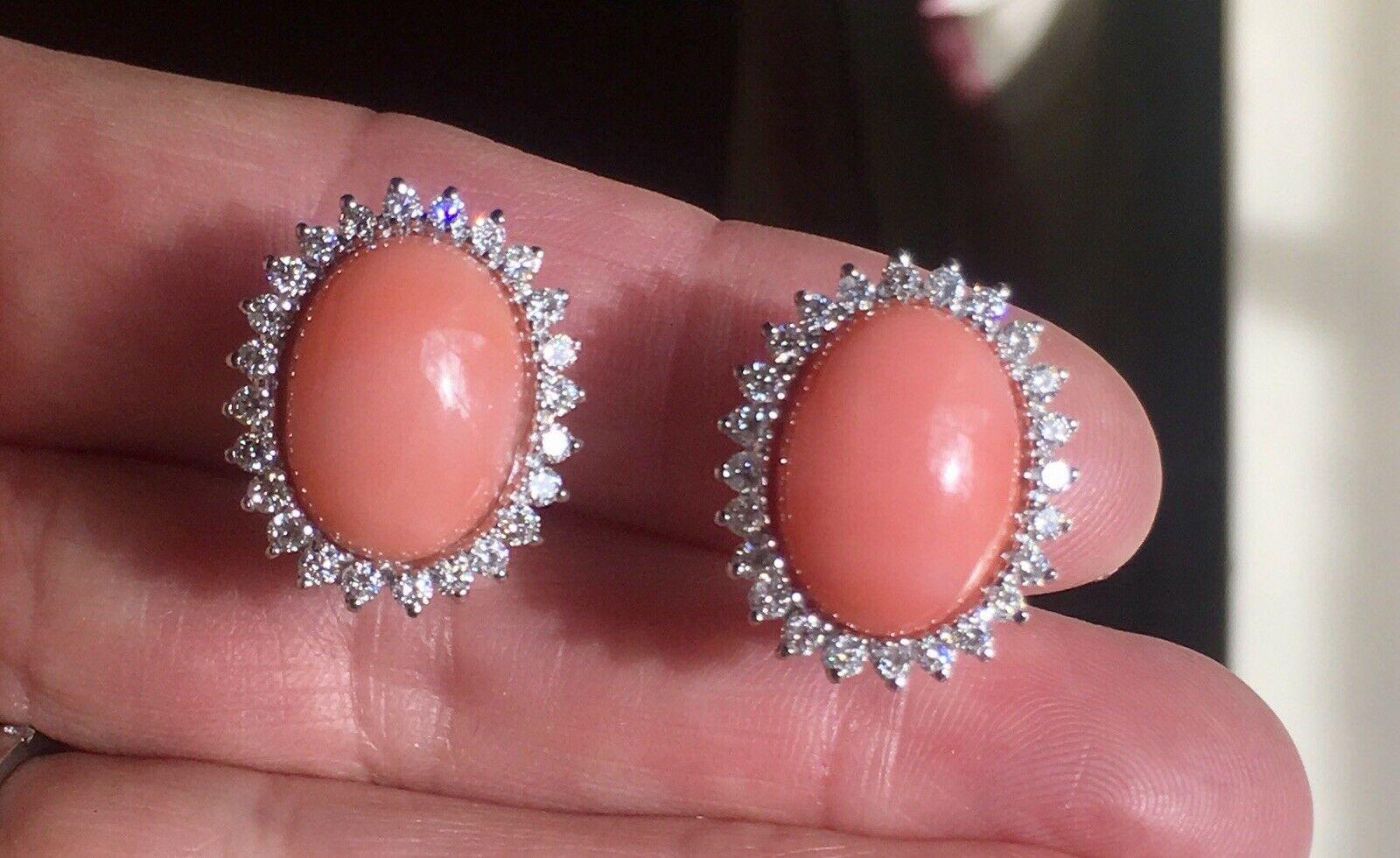Estate 18 Karat Angel Skin Coral 1.10 Carat VS Diamond Stud Drop Earrings 1