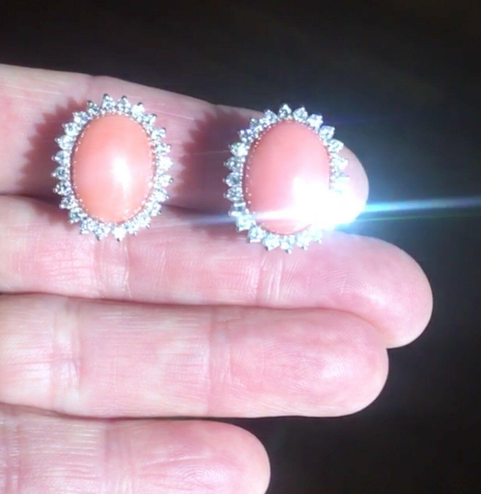 Estate 18 Karat Angel Skin Coral 1.10 Carat VS Diamond Stud Drop Earrings 2