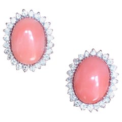 Vintage Estate 18 Karat Angel Skin Coral 1.10 Carat VS Diamond Stud Drop Earrings