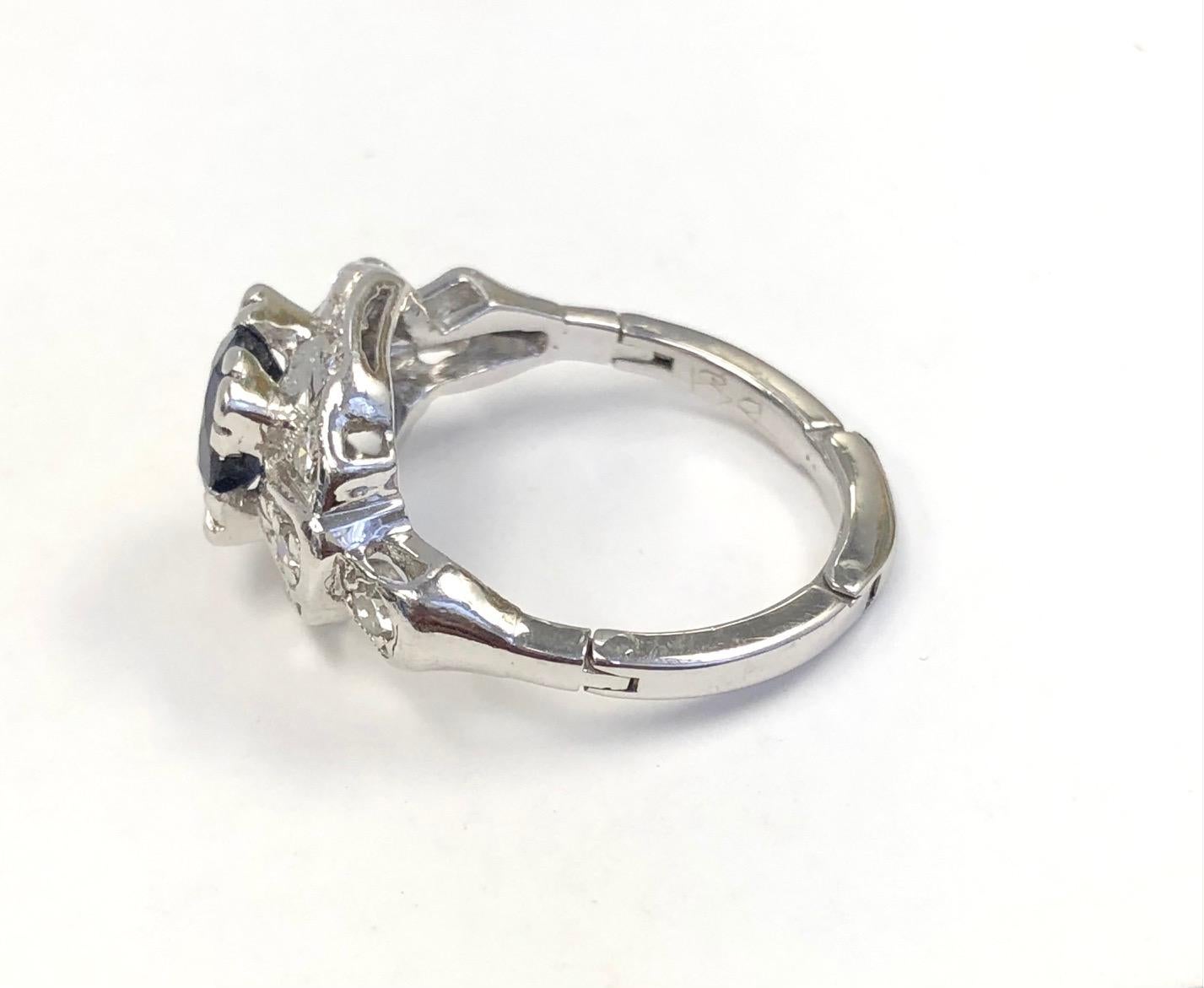 Art Deco Estate 18 Karat Diamond and 1.30 Carat Burma Sapphire Ring with Finger Fit For Sale