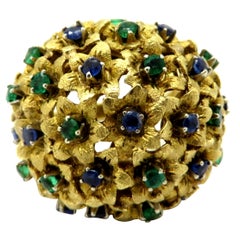 Estate 18 Karat Gold 2.50 Carat Round Sapphire and Emerald Floral Bouquet Ring
