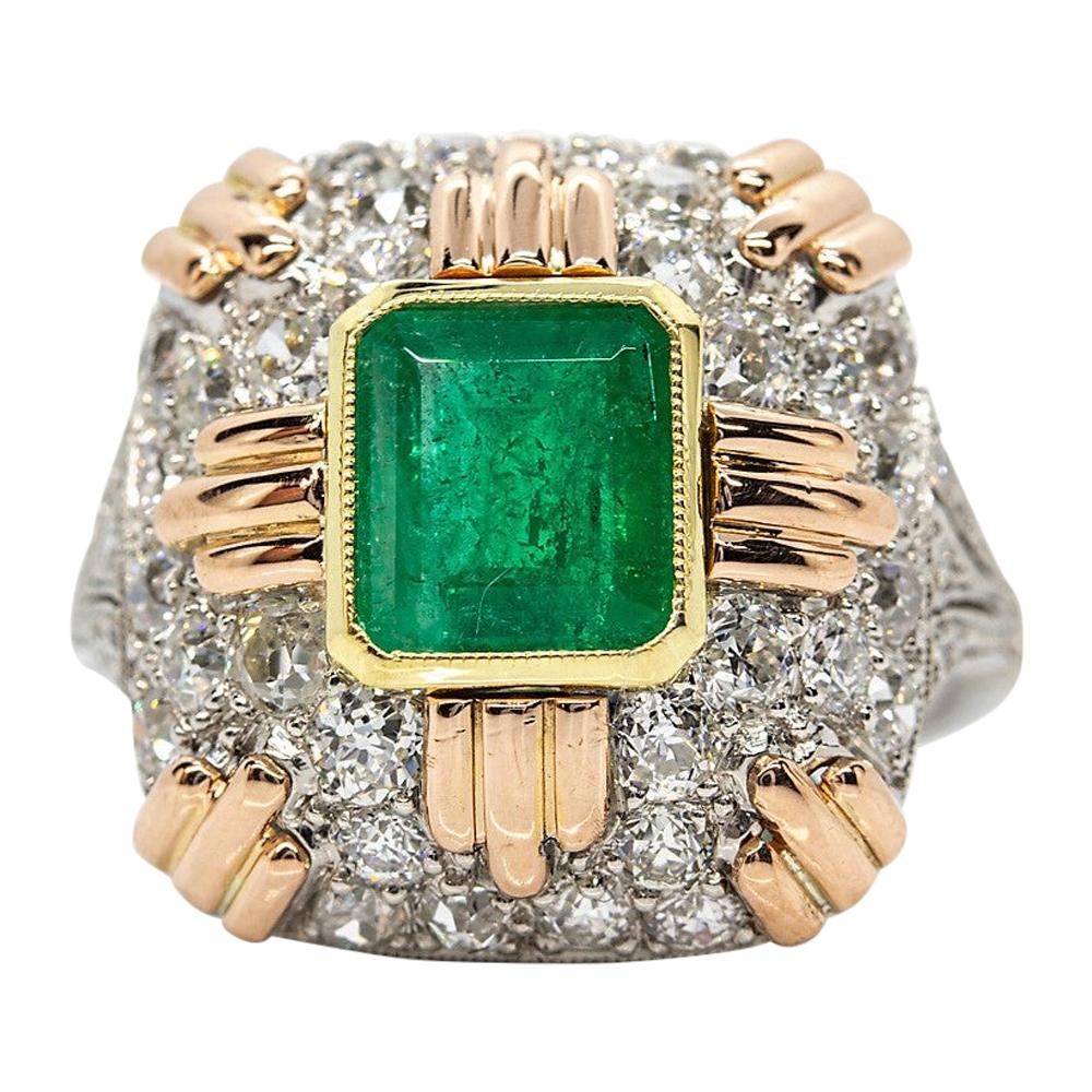 Estate 18 Karat Gold and Platinum Emerald and Diamond Ring For Sale