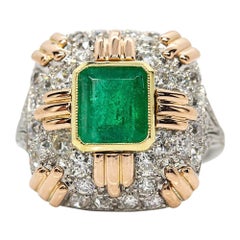 Estate 18 Karat Gold and Platinum Emerald and Diamond Ring