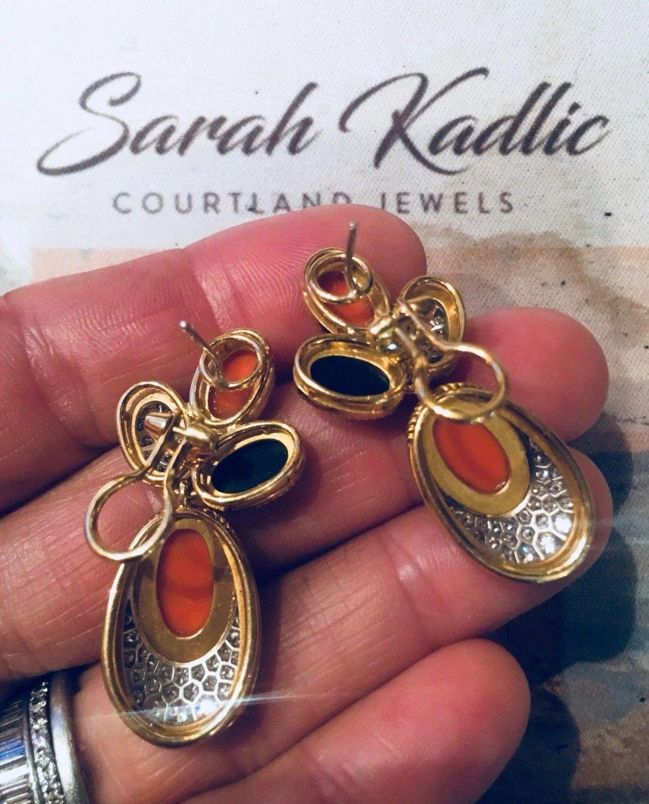 Estate 18 Karat Gold Coral Onyx 1.50 Carat VS Diamond Dangle Earrings 2