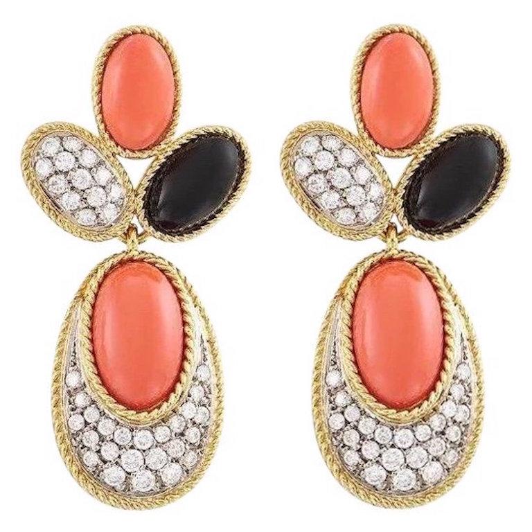 Estate 18 Karat Gold Coral Onyx 1.50 Carat VS Diamond Dangle Earrings