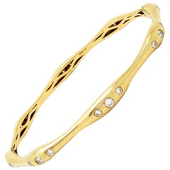 Estate 18 Karat Gold Gypsy Set Round Brilliant Cut Diamond Bangle Bracelet
