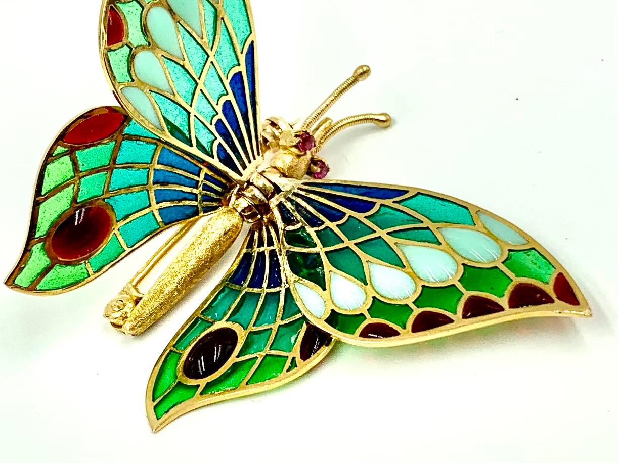Estate 18 Karat Gold Plique a Jour Enamel Articulated Butterfly Brooch In Good Condition For Sale In New York, NY
