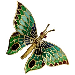 Vintage Estate 18 Karat Gold Plique a Jour Enamel Articulated Butterfly Brooch