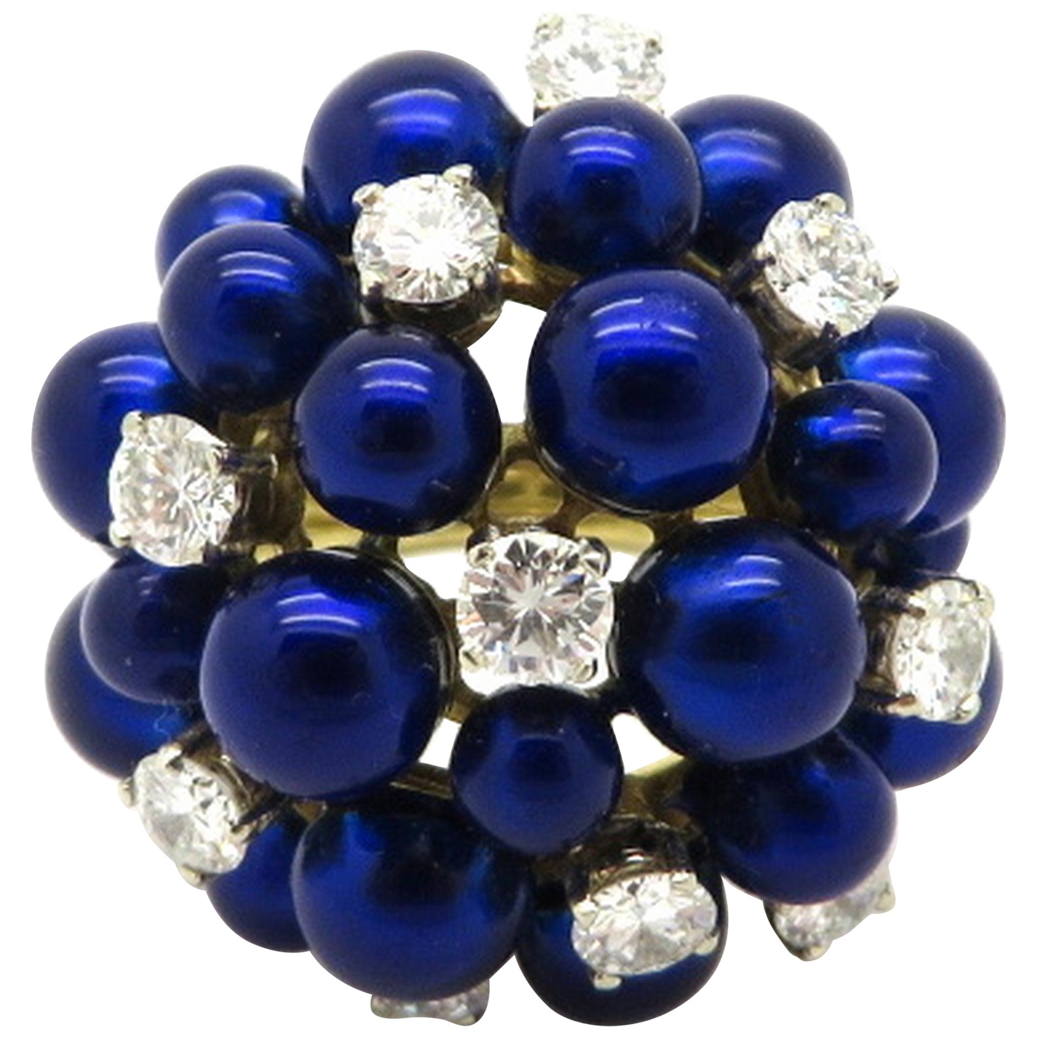 Estate 18 Karat Gold Round Diamond and Blue Enameled Fashion Cocktail Ring