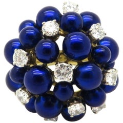 Vintage Estate 18 Karat Gold Round Diamond and Blue Enameled Fashion Cocktail Ring