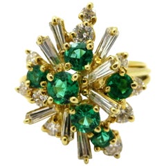 Vintage Estate 18 Karat Gold Round Emerald, Baguette and Round Diamond Cluster Ring