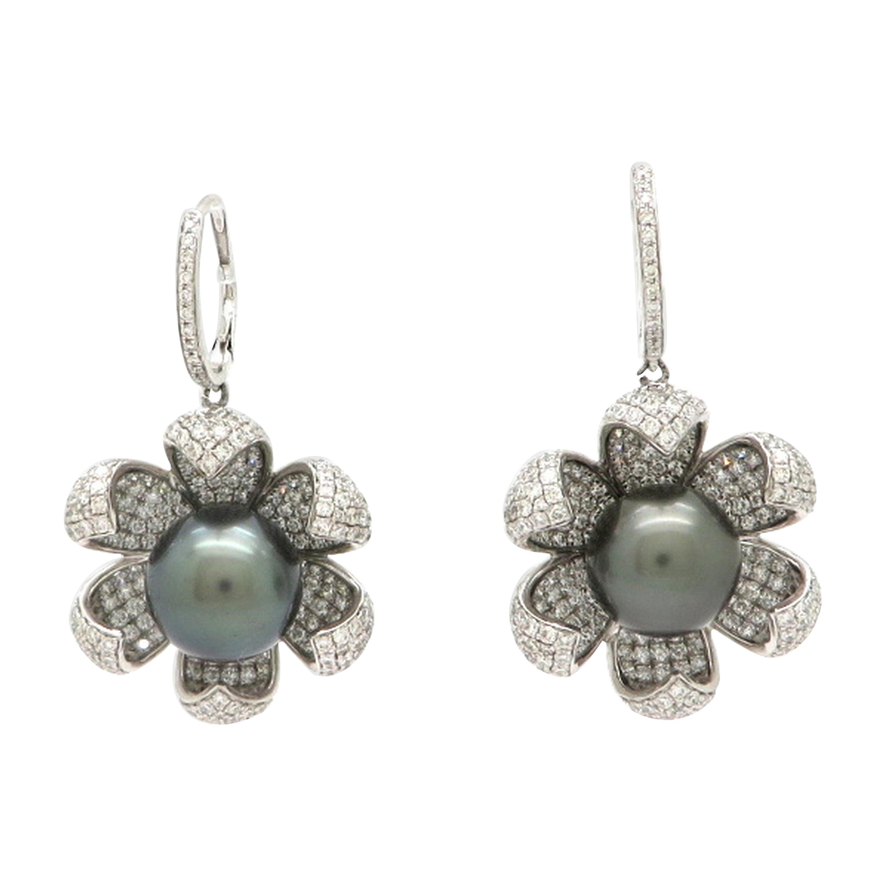 Estate 18 Karat Gold Tahitian Pearl and Pave Diamond Flower Dangle Earrings