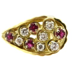 Estate 18 Karat Gold Teardrop Round Diamond and Ruby Fashion Cocktail Ring