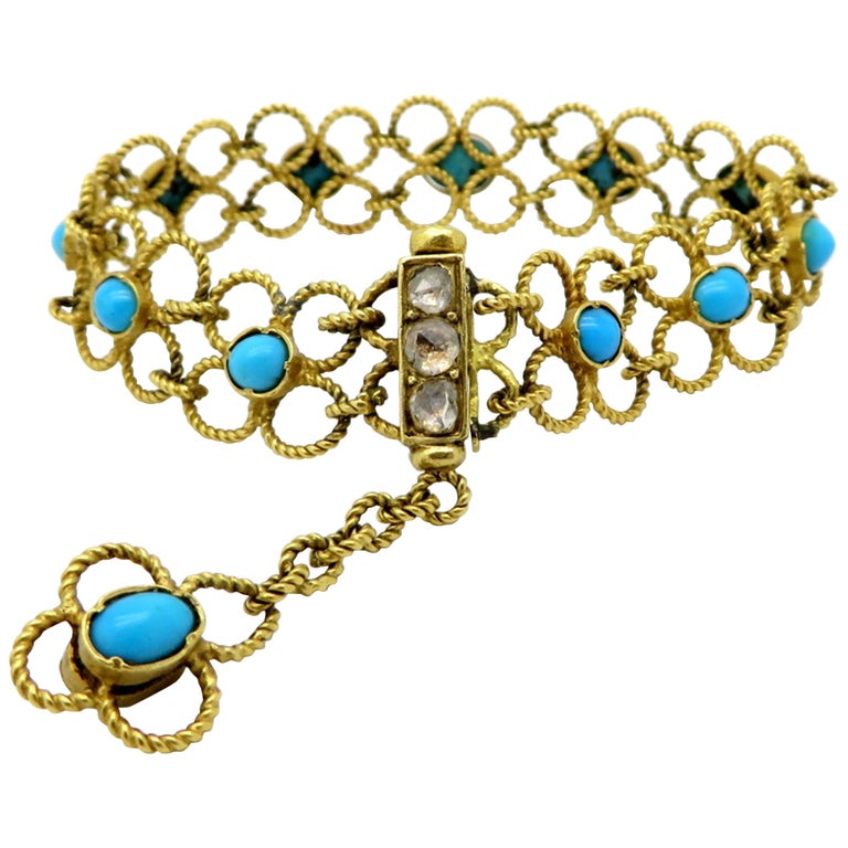 Estate 18 Karat Gold Turquoise And Diamond Art Nouveau Style