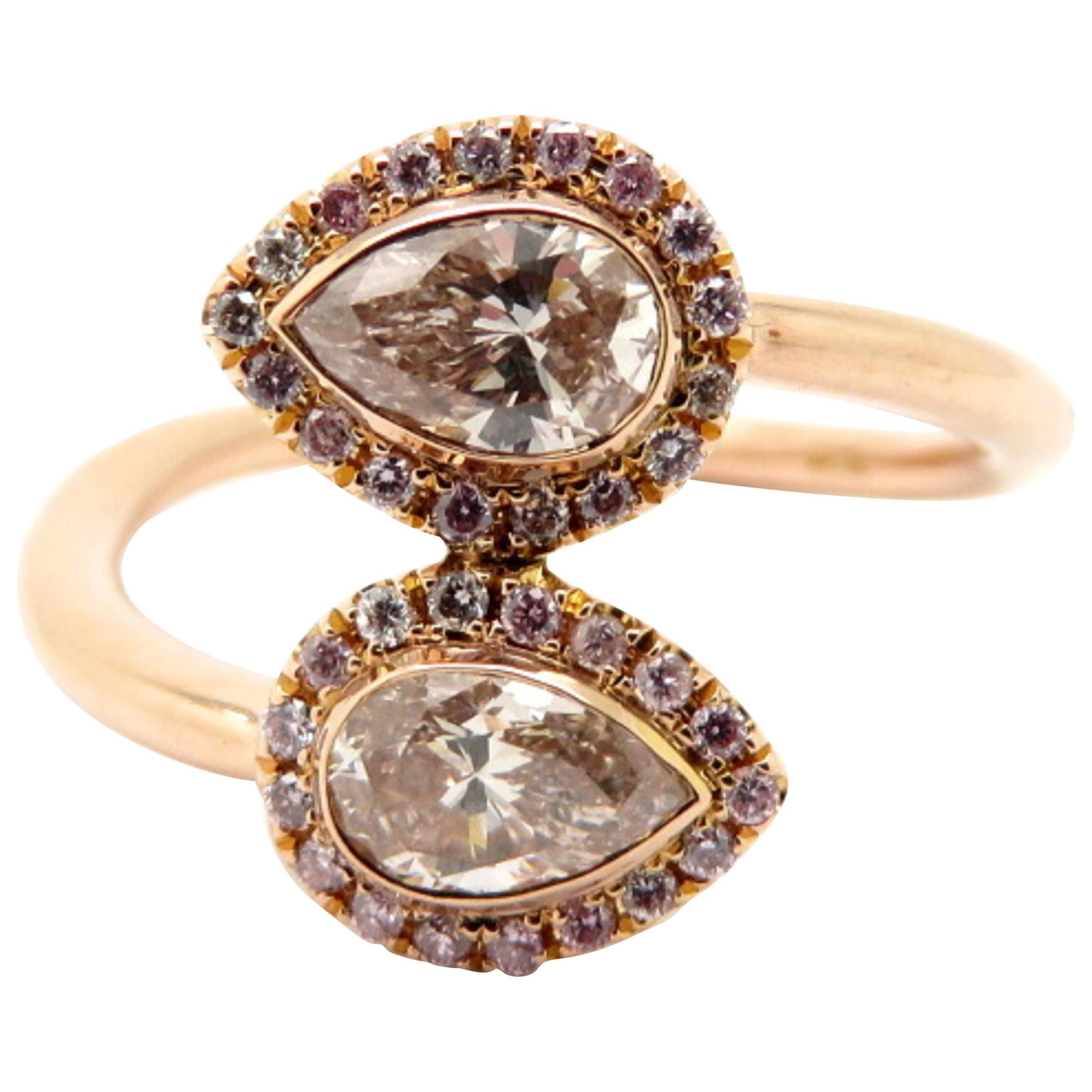 Estate 18 Karat Rose Gold Bypass Pear Shaped Pink Diamond Halo Ring For Sale